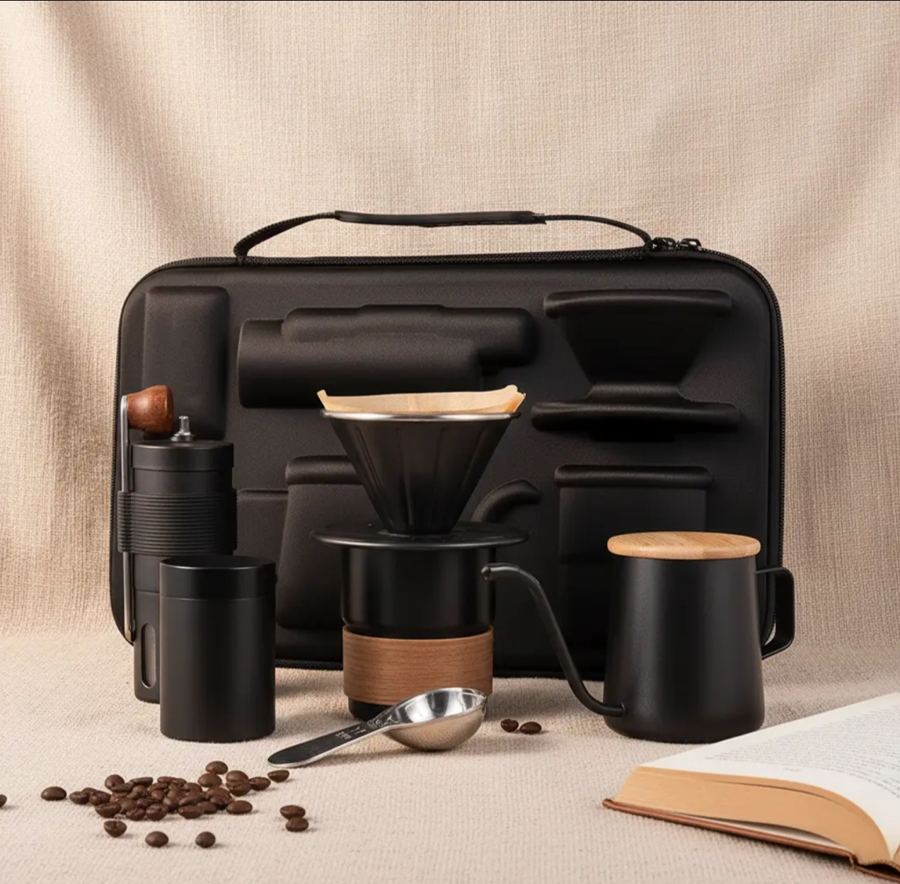 Coffee brew kit with hand grinder, pour-over dripper, gooseneck kettle and canister in a travel case