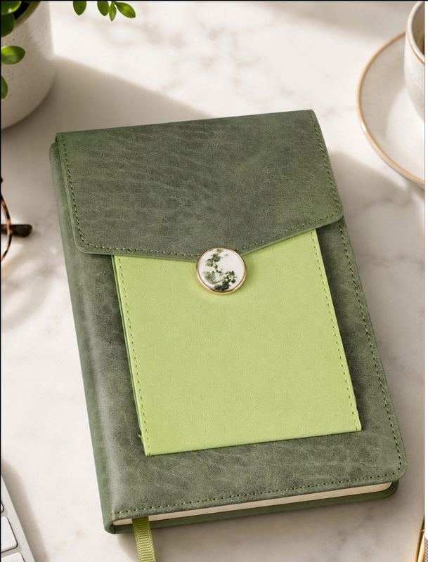 Green A5 corporate diary with pocket flap and magnetic button