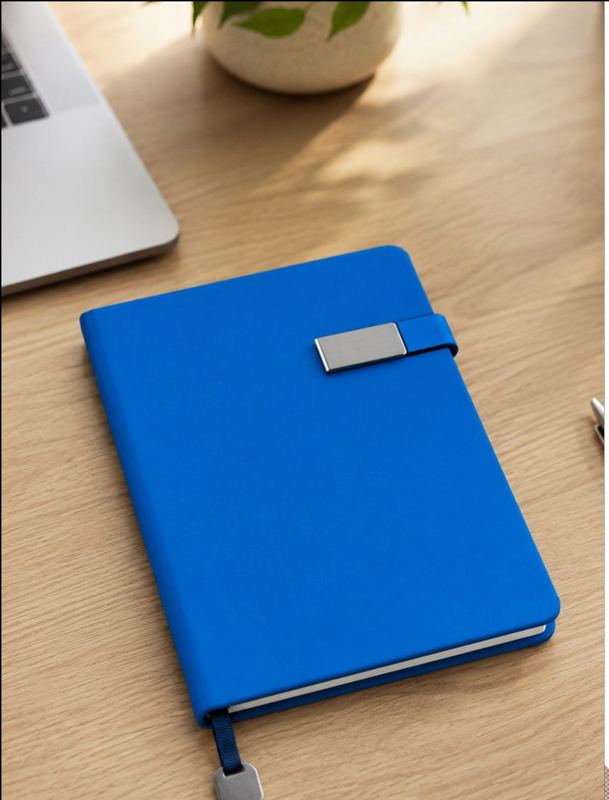 Blue A5 corporate diary with metal tab closure