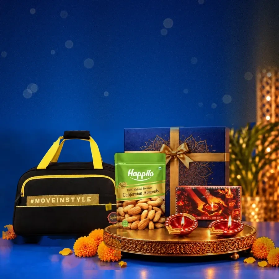 Executive Voyager Diwali hamper with Duffle Trolley, Californian Almonds and Diya Set of 2 for corporate gifting