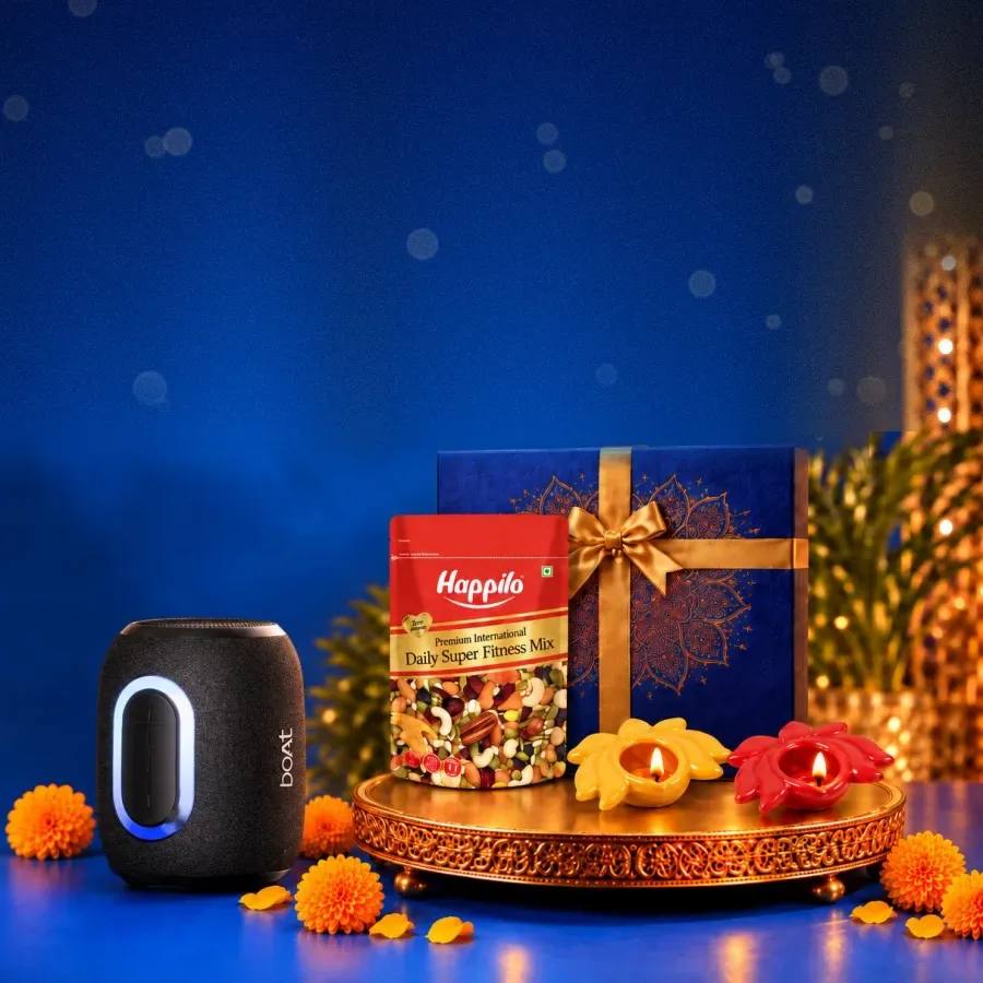 Sound & Spark Diwali hamper with Bluetooth speaker, Fitness Mix and Lotus Diya Set of 2 for corporate gifting