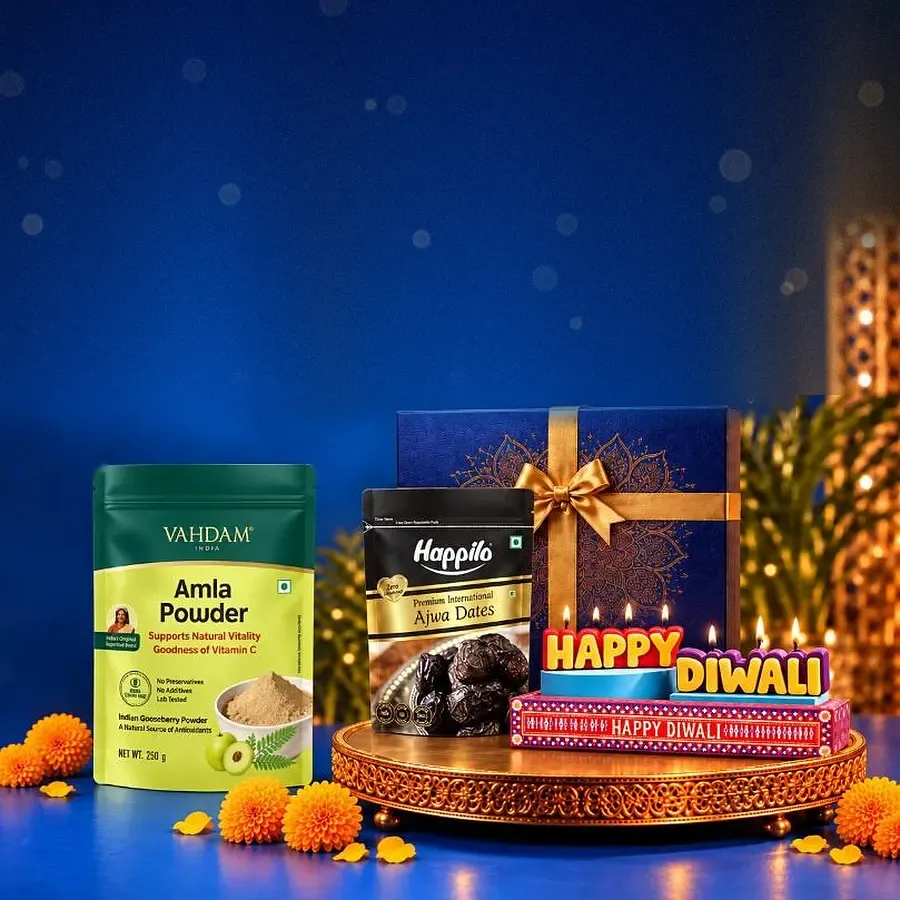 Wellness Warmth Diwali hamper with Amla Powder, Ajwa Dates and Happy Diwali Candle for corporate gifting