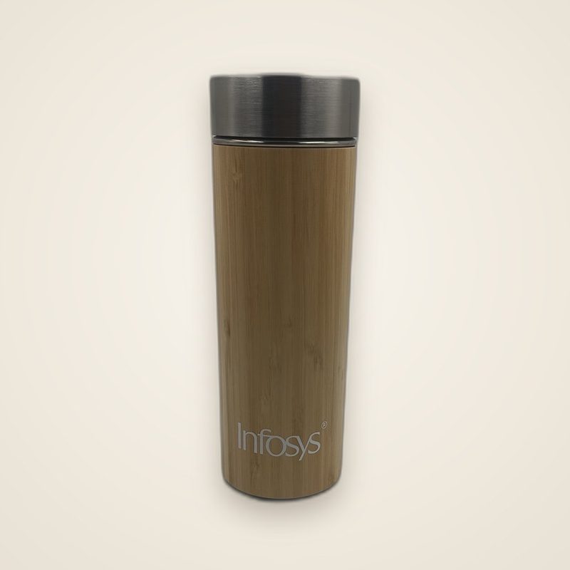 Infosys branded bamboo insulated flask with steel lid