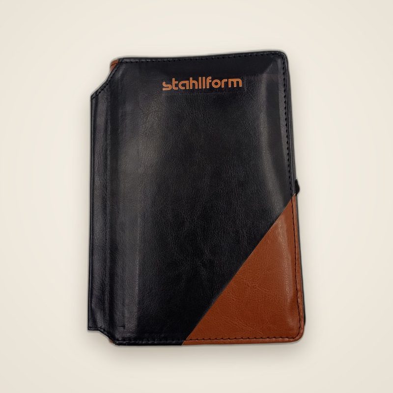 Stahlform branded black and tan PU leather diary with logo