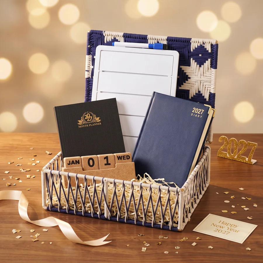 Fresh Start Desk Kit New Year corporate gift hamper – opened, showing Executive Diary 2027, Month Planner 2027, Cork Perpetual Desk Calendar and Priority Board (inside view)