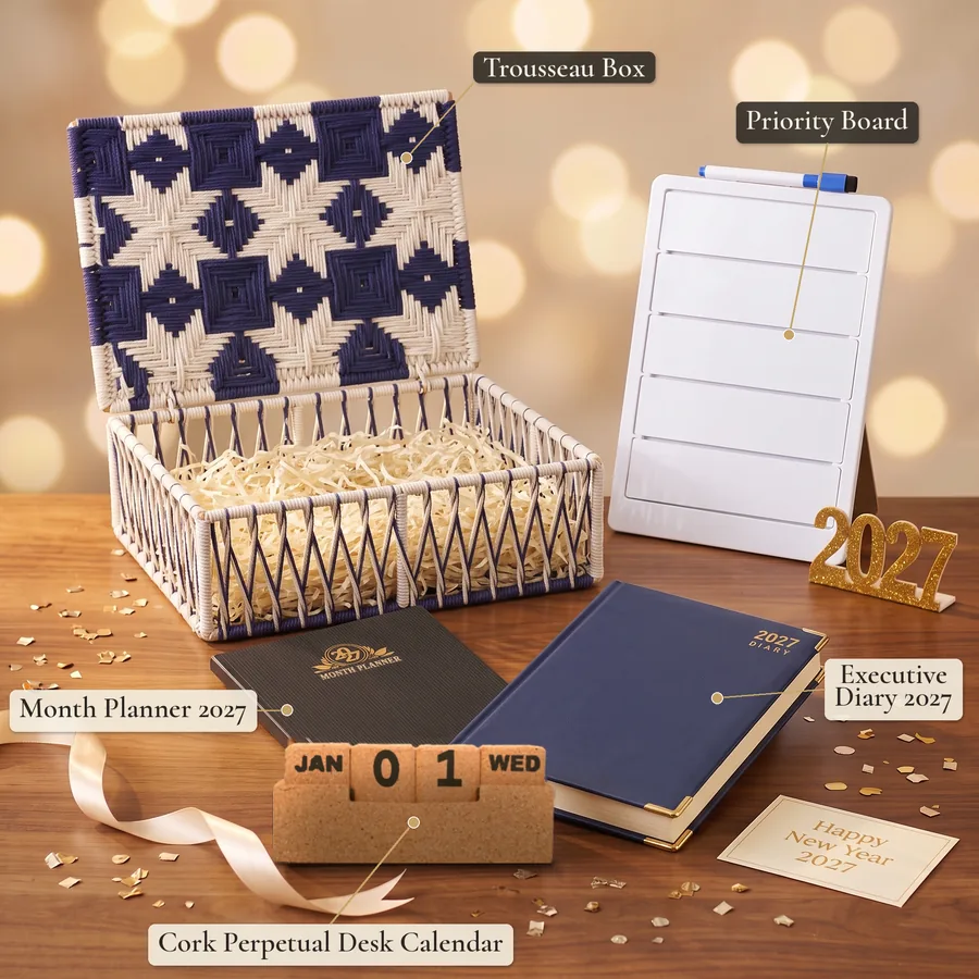 Fresh Start Desk Kit New Year corporate gift hamper – items labelled (labelled view)