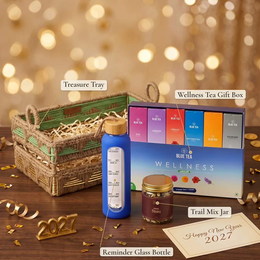 Resolution Wellness Box New Year corporate gift hamper – items labelled (labelled view)