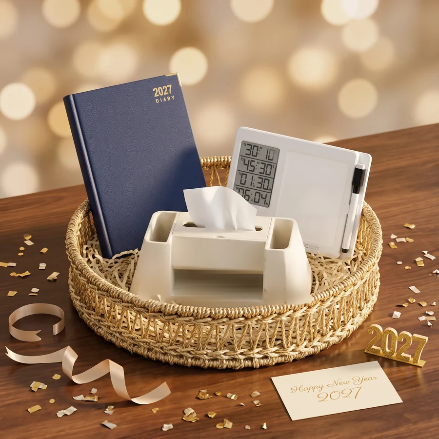 Focus & Productivity Set New Year corporate gift hamper – opened, showing Time Board, Wireless Charging Stand and Executive Diary 2027 (inside view)