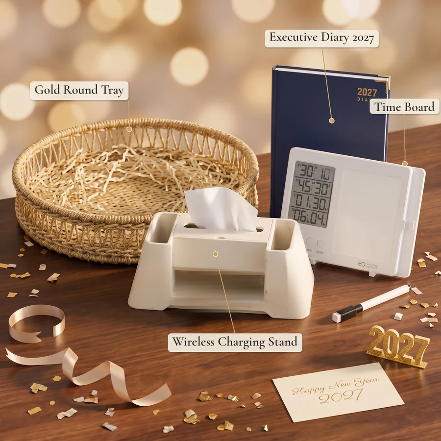 Focus & Productivity Set New Year corporate gift hamper – items labelled (labelled view)