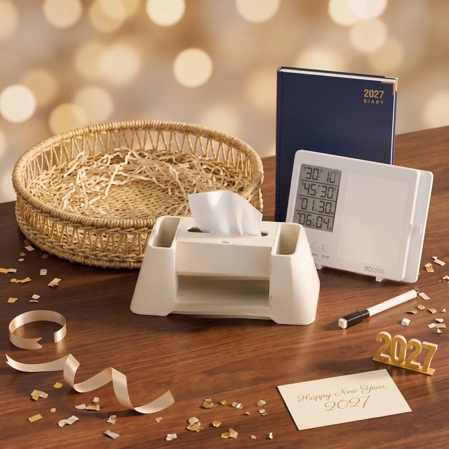 Focus & Productivity Set New Year corporate gift hamper – Upcycled gold round tray (outside view)