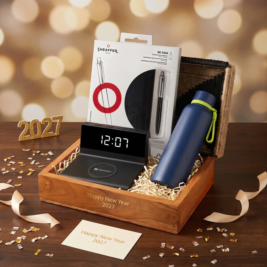 Executive New Year Box New Year corporate gift hamper – opened, showing Pen & Notebook Gift Set, Wireless Charger Clock and Hot & Cold Flask 600 ml (inside view)