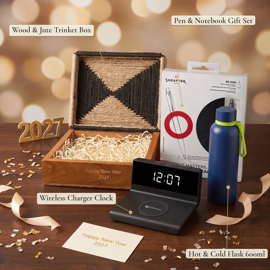 Executive New Year Box New Year corporate gift hamper – items labelled (labelled view)