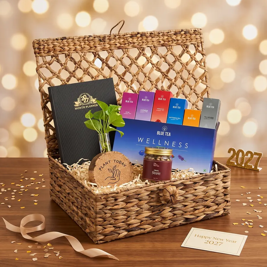 Grow in 2027 New Year corporate gift hamper – opened, showing Cork Test-Tube Planter, Month Planner 2027, Wellness Tea Gift Box and Trail Mix Jar (inside view)