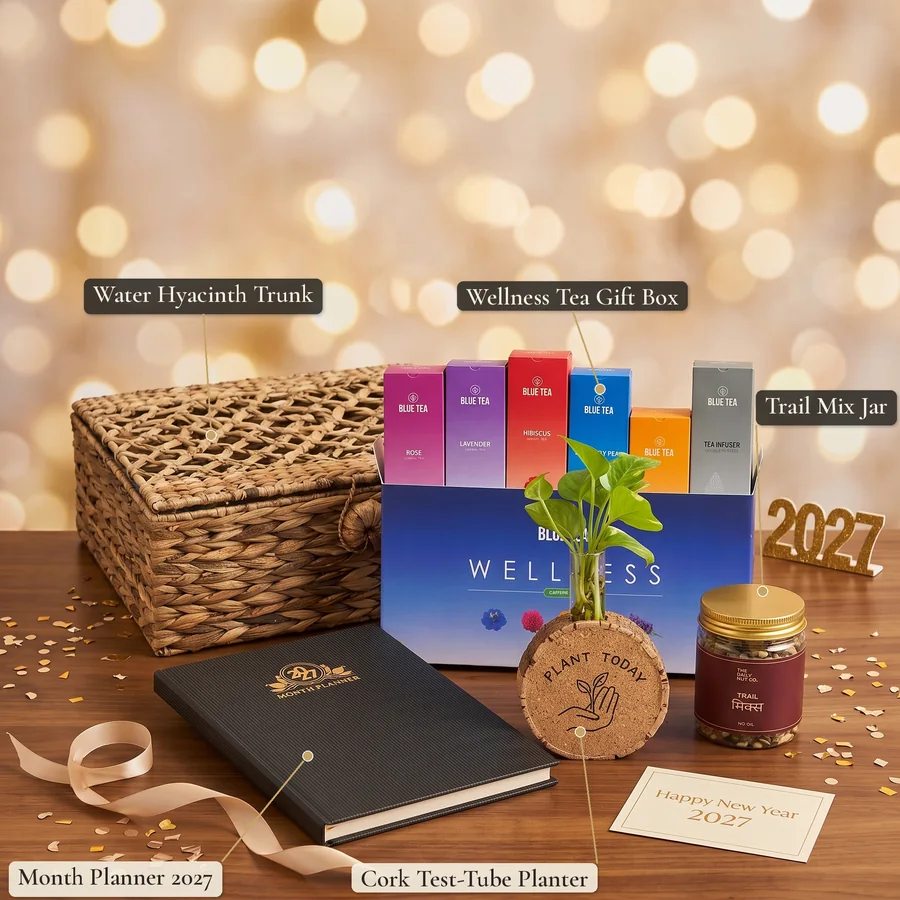 Grow in 2027 New Year corporate gift hamper – items labelled (labelled view)