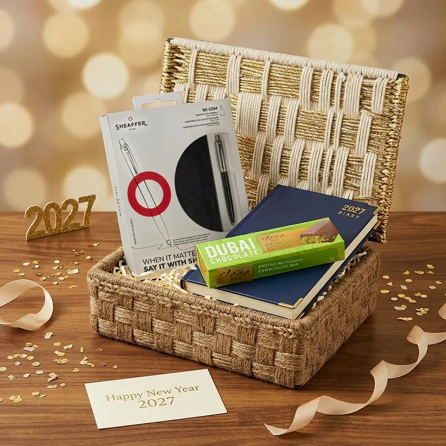 Premium Sweet Start New Year corporate gift hamper – opened, showing Pistachio Kunafa Chocolate Bar, Pen & Notebook Gift Set and Executive Diary 2027 (inside view)