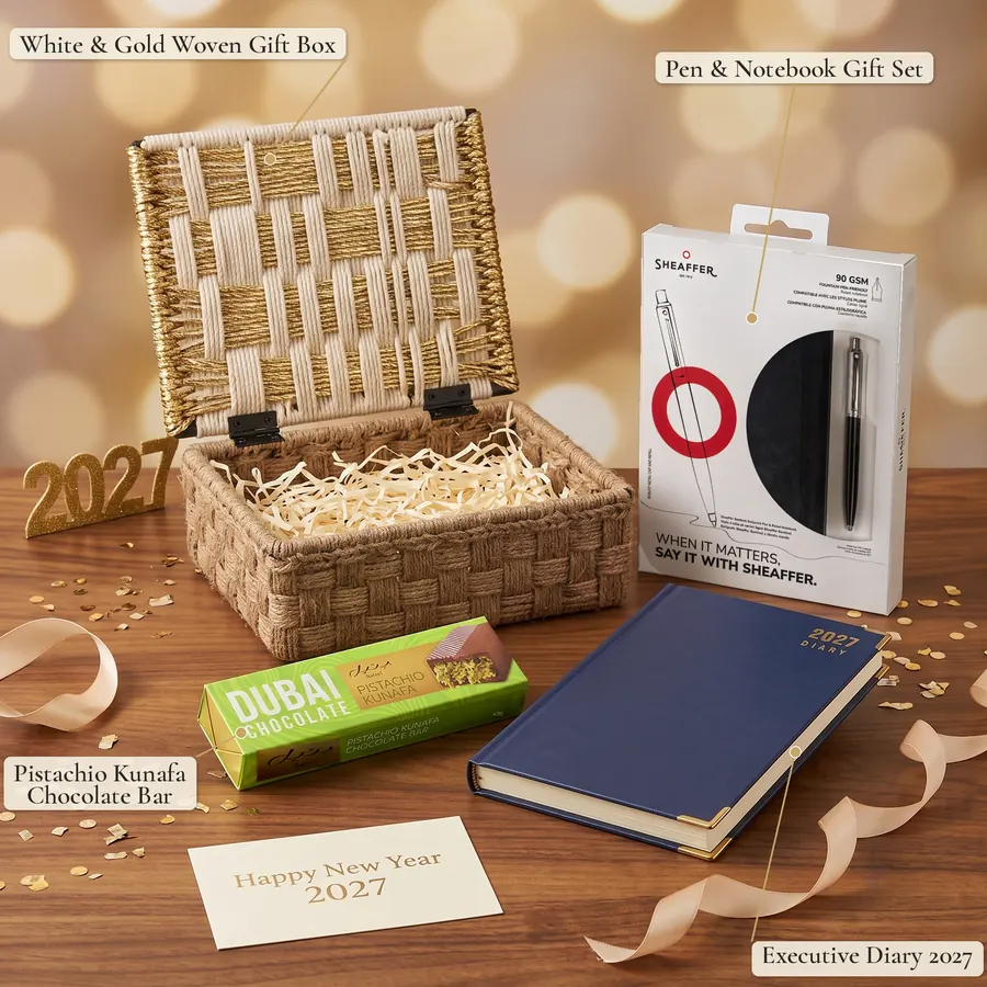 Premium Sweet Start New Year corporate gift hamper – items labelled (labelled view)
