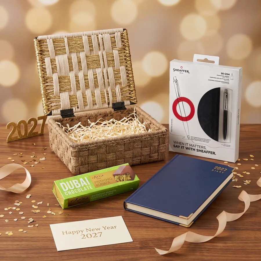 Premium Sweet Start New Year corporate gift hamper – White & gold woven gift box (outside view)